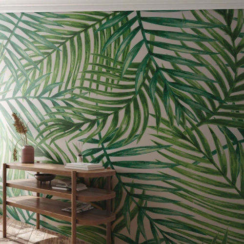 Fotomural Premium Sand - Bajo el verde - Abstracción, Hoja de palma, Palmera de cocos - 400x280 cm