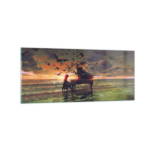 Cuadro sobre vidrio - Impresiones sobre Vidrio - Un piano en la orilla del mar al atardecer con pájaros. - 120x50cm - Concierto de piano y olas - Decoración de pared moderna para salón y dormitorio ARTTOR