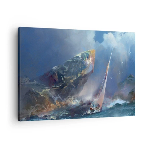 Cuadro sobre lienzo - Impresión de Imagen - Un velero en medio de una tormenta al pie de una enorme roca. - 70x50cm - La gloria es para los valientes - Decoración de pared moderna para salón y dormitorio ARTTOR