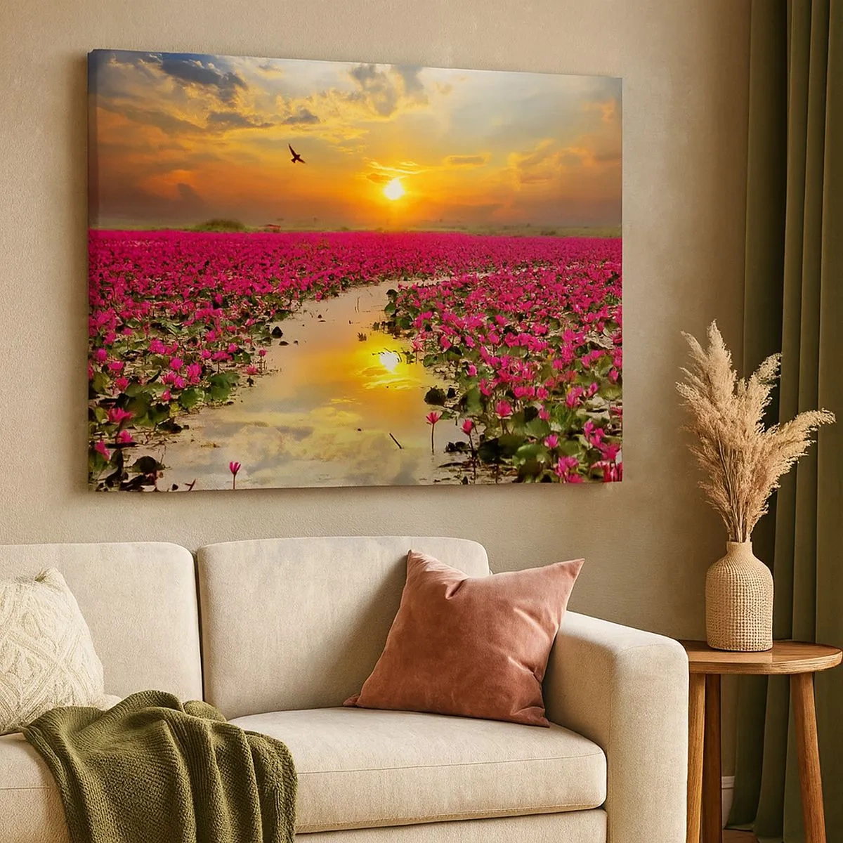 Cuadro sobre lienzo - Impresión de Imagen - Un campo de nenúfares rosados al atardecer. - 70x50cm - La vida secreta del lago - Decoración de pared moderna para salón y dormitorio ARTTOR