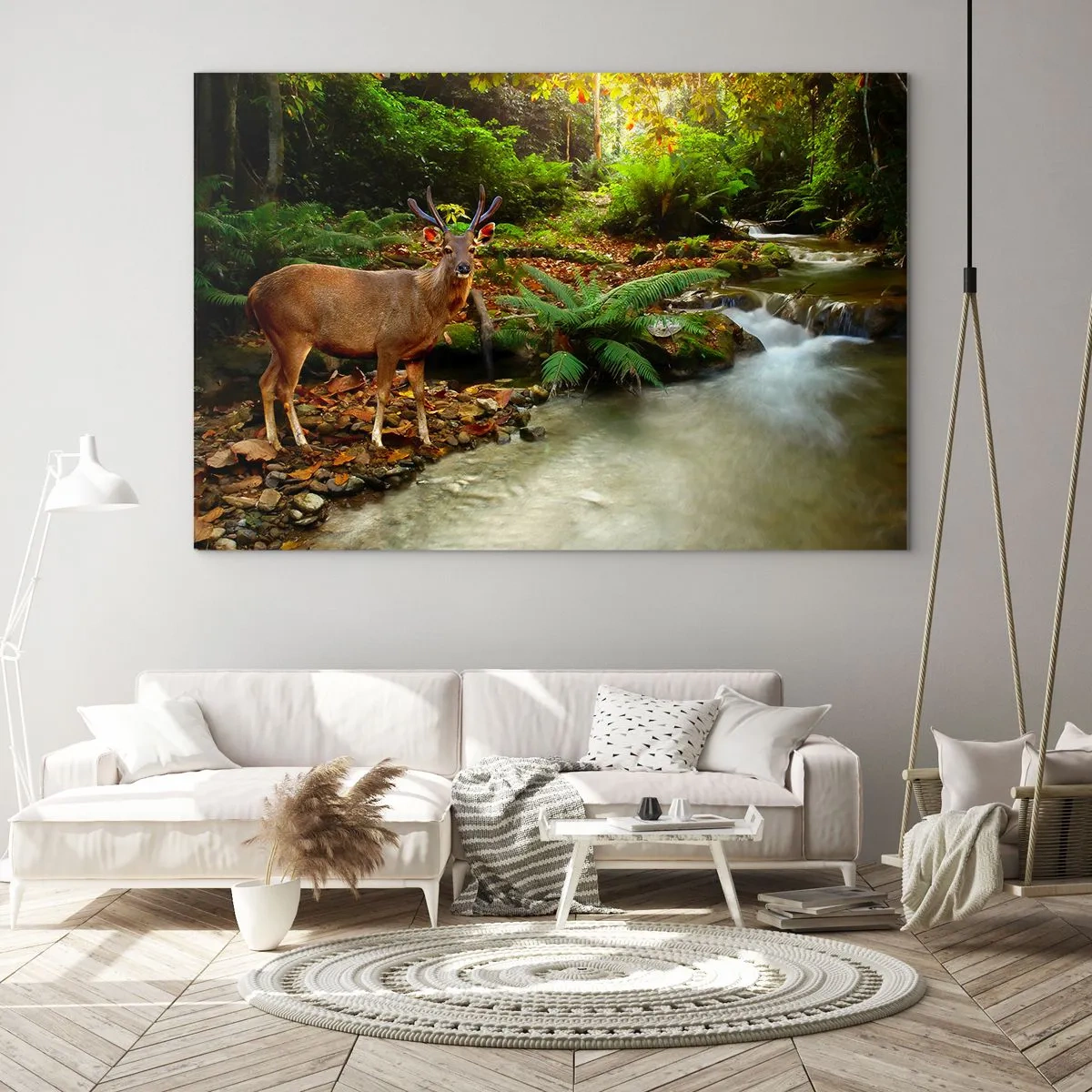 Cuadro sobre vidrio - Impresiones sobre Vidrio - Un ciervo junto a un arroyo en un bosque iluminado por el sol. - 70x50cm - Bienvenido a mi mundo - Decoración de pared moderna para salón y dormitorio ARTTOR