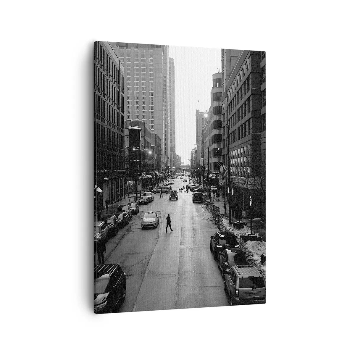 Cuadro sobre lienzo - Impresión de Imagen - Una calle en blanco y negro en el centro de la ciudad con coches y peatones. - 50x70cm - Un día como otro cualquiera - Decoración de pared moderna para salón y dormitorio ARTTOR