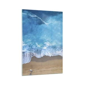 Cuadro sobre vidrio - Impresiones sobre Vidrio - Una vista de pájaro de la playa y las olas del mar. - 70x100cm - El poder del azul - Decoración de pared moderna para salón y dormitorio ARTTOR
