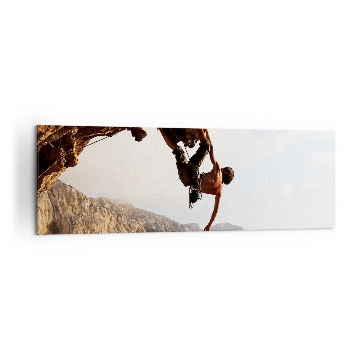 Cuadro sobre lienzo - Impresión de Imagen - Un escalador en un acantilado escarpado en las montañas bajo el sol. - 160x50cm - Un mundo en la roca - Decoración de pared moderna para salón y dormitorio ARTTOR