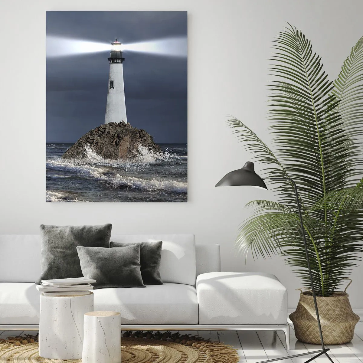 Cuadro sobre vidrio - Impresiones sobre Vidrio - Un faro sobre una roca rodeado de un mar tempestuoso. - 70x100cm - ¡Aquí... aquí... aquí! - Decoración de pared moderna para salón y dormitorio ARTTOR