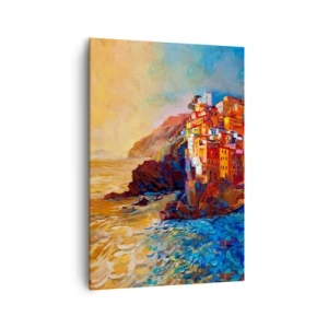 Cuadro sobre lienzo - Impresión de Imagen - Casas de colores en un acantilado sobre el mar - 70x100cm - Ambiente italiano - Decoración de pared moderna para salón y dormitorio ARTTOR