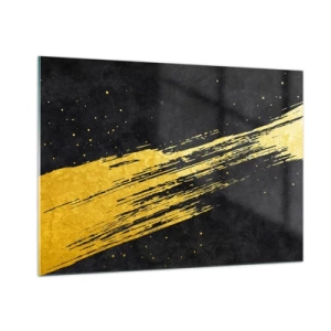 Cuadro sobre vidrio - Impresiones sobre Vidrio - Un pincel dorado sobre un fondo negro en una forma dinámica y abstracta. - 100x70cm - Saltar al hiperespacio - Decoración de pared moderna para salón y dormitorio ARTTOR
