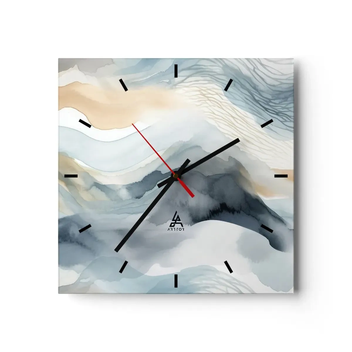Reloj de pared - Reloj de vidrio - Una delicada abstracción con motivo de montaña en tonos pastel. - 30x30cm - Abstracción de nieve y niebla - Decoración de pared moderna para salón y dormitorio ARTTOR