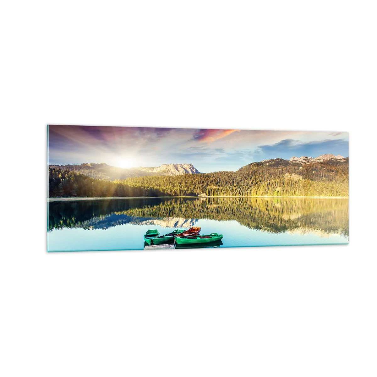 Cuadro sobre vidrio - Impresiones sobre Vidrio - Puesta de sol sobre el lago con barcos en el muelle - 140x50cm - Sobre el agua tan suave como un espejo - Decoración de pared moderna para salón y dormitorio ARTTOR