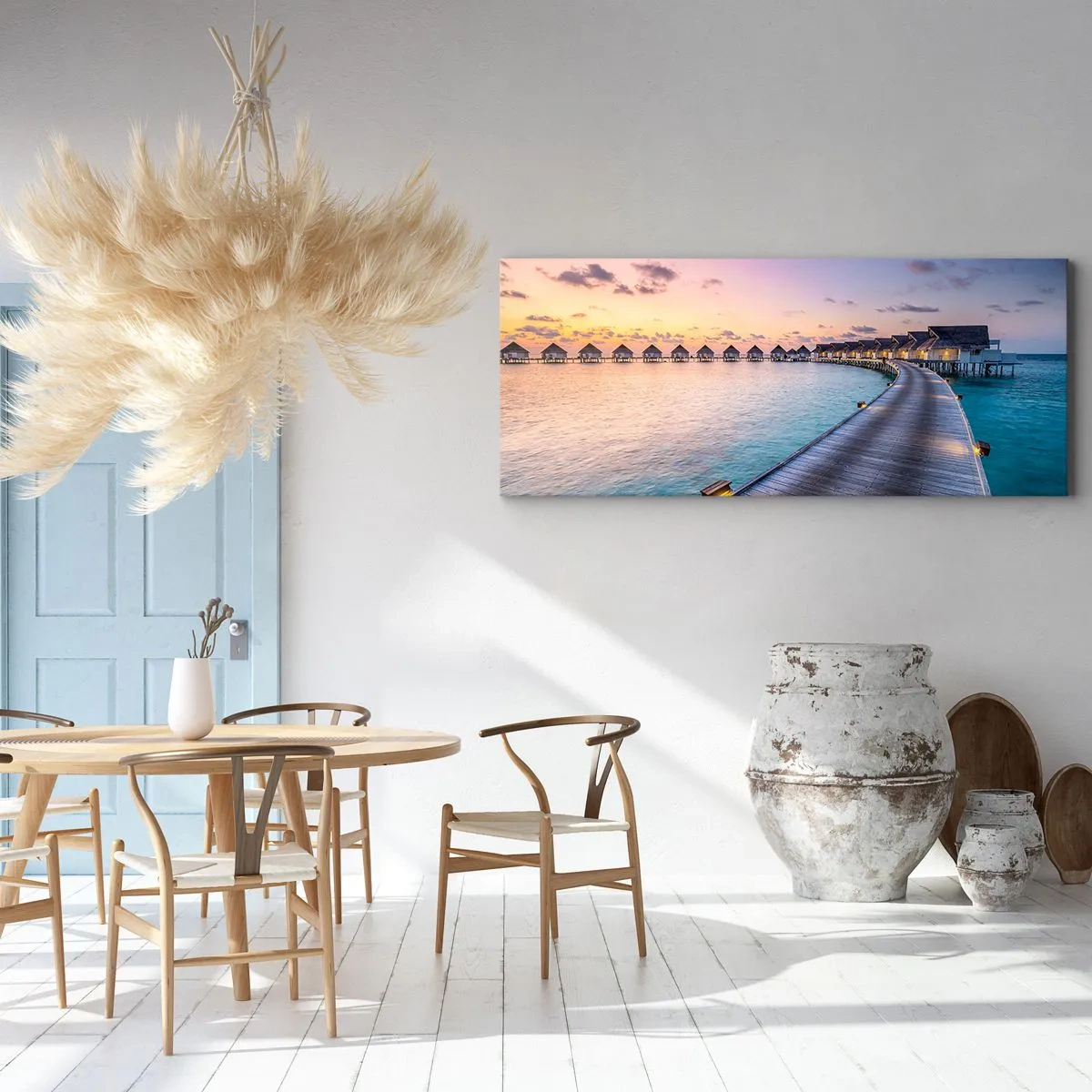 Cuadro sobre lienzo - Impresión de Imagen - El muelle que conduce a las cabañas frente al mar al atardecer. - 140x50cm - Vacaciones - volver al origen - Decoración de pared moderna para salón y dormitorio ARTTOR