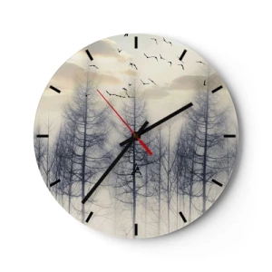 Reloj de pared - Reloj de vidrio - Un paisaje brumoso con árboles y pájaros volando. - 30x30cm - Espíritus del bosque - Decoración de pared moderna para salón, cocina y dormitorio ARTTOR