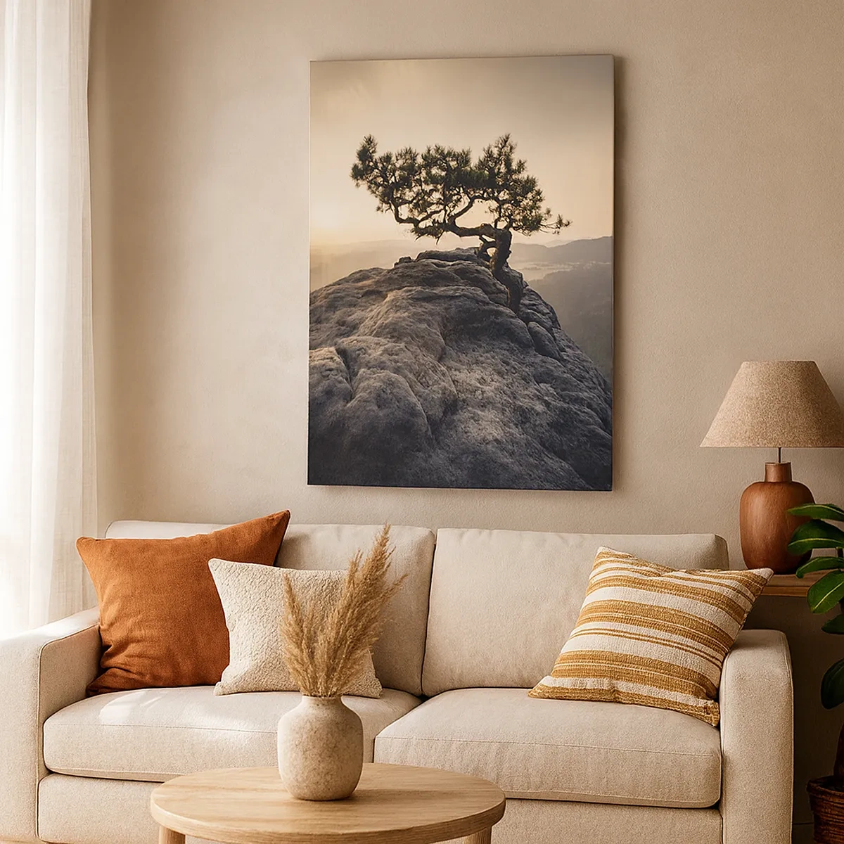 Cuadro sobre lienzo - Impresión de Imagen - Un árbol solitario en un pico rocoso a la luz del sol. - 50x70cm - La vida se abre camino - Decoración de pared moderna para salón y dormitorio ARTTOR