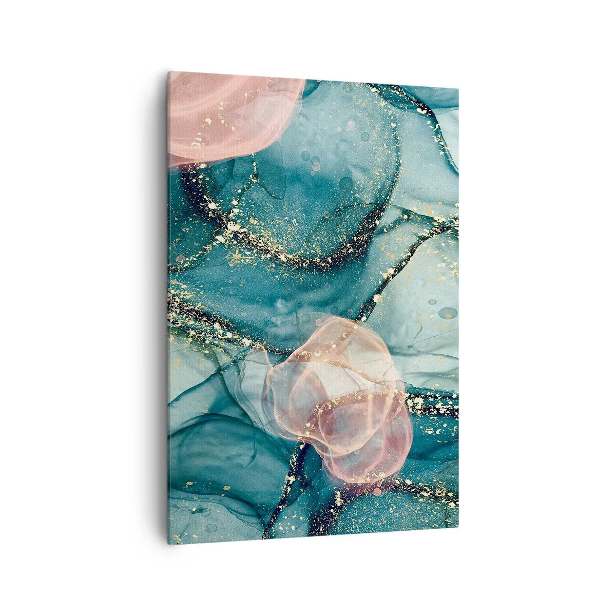 Cuadro sobre lienzo - Impresión de Imagen - Una composición abstracta en tonos turquesa y dorado. - 70x100cm - Seda azul, tul rosa - Decoración de pared moderna para salón y dormitorio ARTTOR