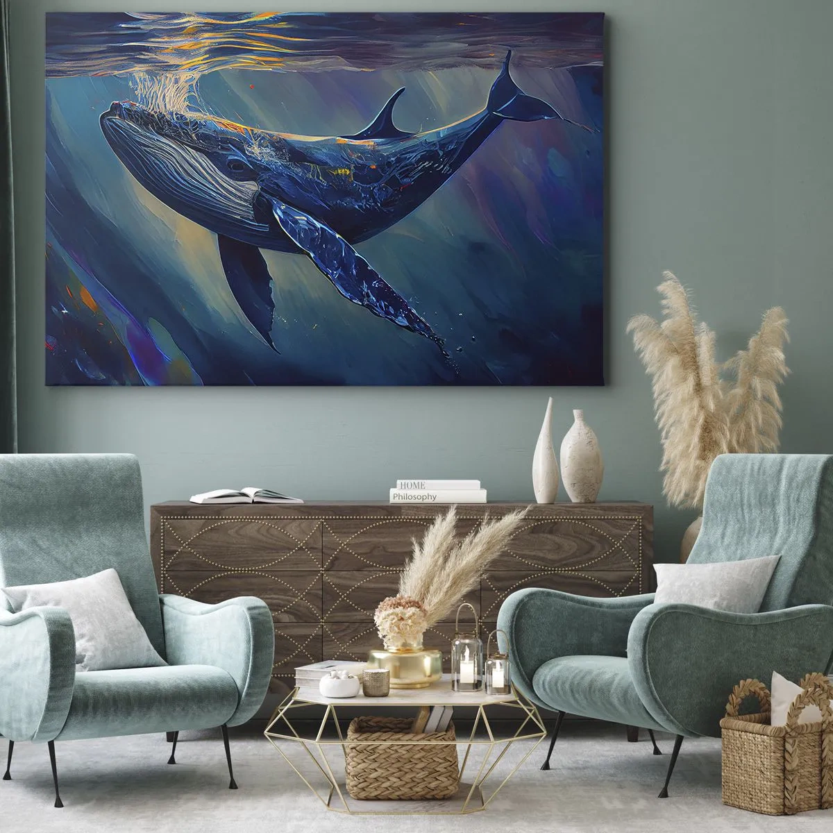 Cuadro sobre lienzo - Impresión de Imagen - Una ballena en las profundidades del océano en colores luminosos. - 100x70cm - Bienvenidos a mi mundo - Decoración de pared moderna para salón y dormitorio ARTTOR