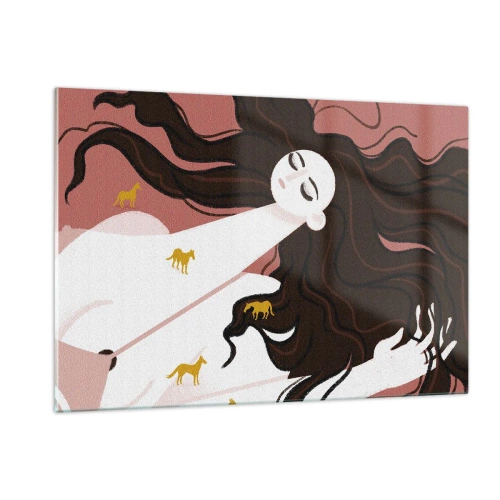 Cuadro sobre vidrio - Impresiones sobre Vidrio - Una mujer con cabello largo y caballos dorados sobre un fondo rosa. - 120x80cm - Sueño de caballos dorados - Decoración de pared moderna para salón y dormitorio ARTTOR