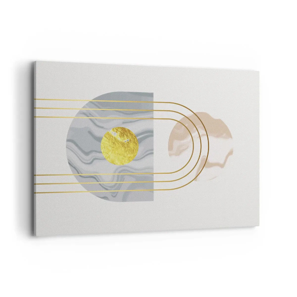 Cuadro sobre lienzo - Impresión de Imagen - Composición abstracta con círculos y líneas doradas sobre fondo claro. - 100x70cm - Brillo y resplandor - Decoración de pared moderna para salón y dormitorio ARTTOR