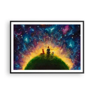 Póster en marco negro - Figuras en una colina verde rodeada de un cielo estrellado. - 100x70cm - Amor y amistad - lo único entero - Decoración de pared moderna para salón y dormitorio ARTTOR