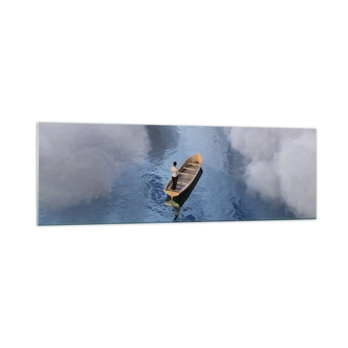Cuadro sobre vidrio - Impresiones sobre Vidrio - Un hombre en un barco en un mar tranquilo rodeado de nubes. - 160x50cm - La vida - el viaje - lo desconocido - Decoración de pared moderna para salón y dormitorio ARTTOR