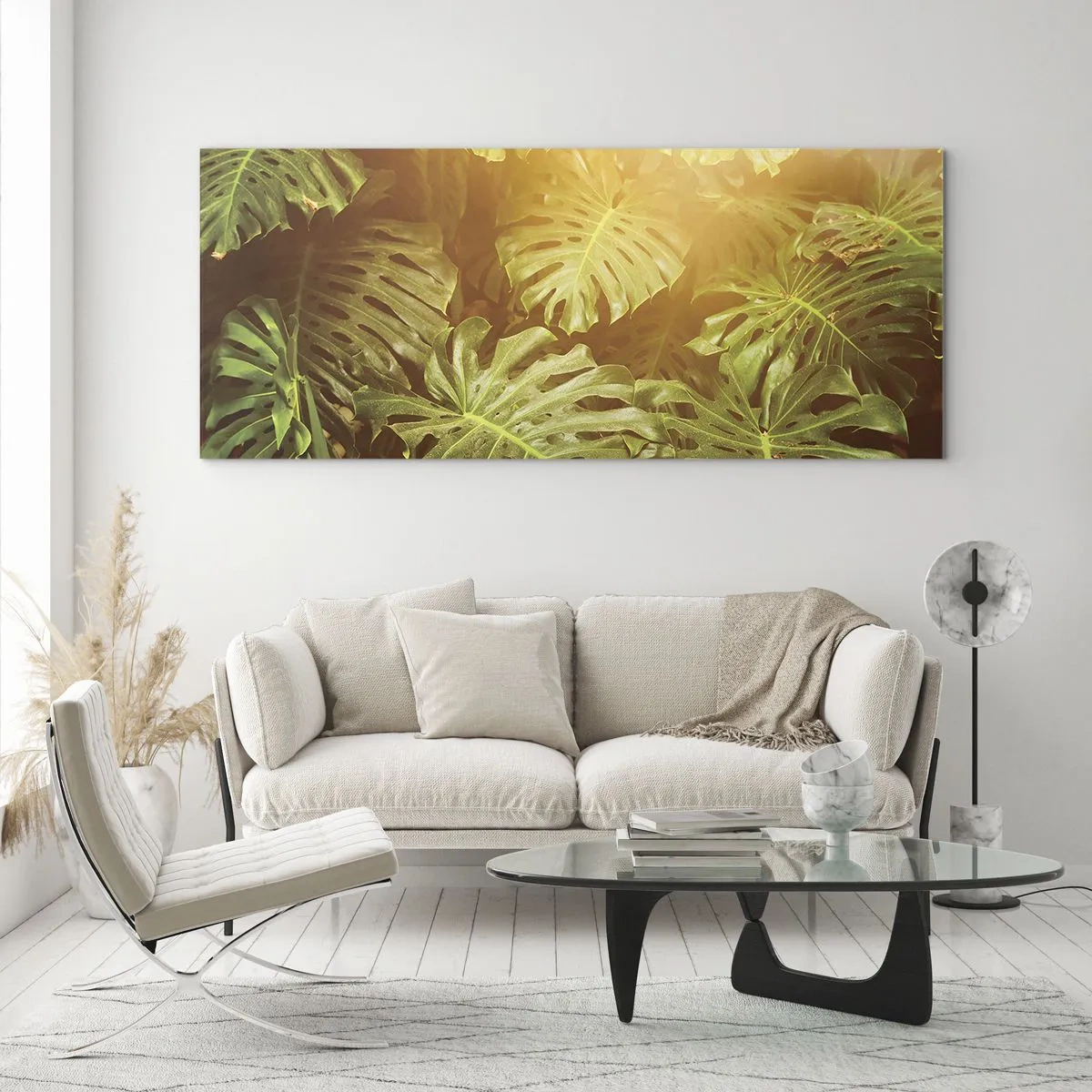 Cuadro sobre vidrio - Impresiones sobre Vidrio - Hojas de monstera a la luz del sol sobre un fondo natural. - 120x50cm - Hacia el verdor... - Decoración de pared moderna para salón y dormitorio ARTTOR