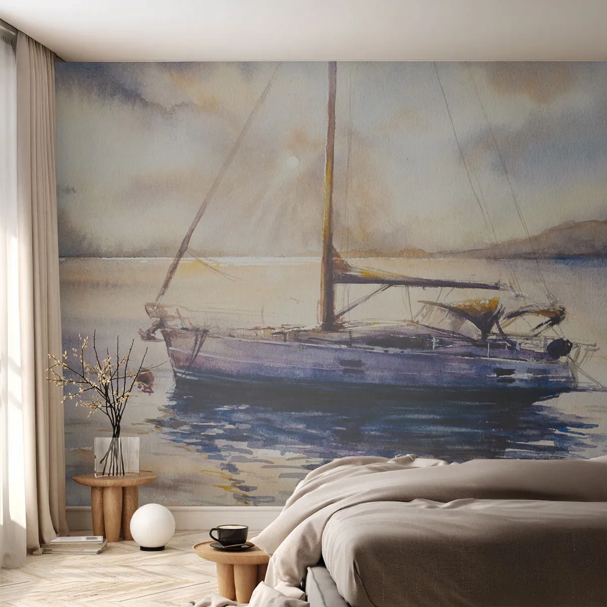 Fotomural Premium Sand - Velero de acuarela en un mar tranquilo al atardecer - 100x70cm - Atardecer en la bahía - Decoración de pared moderna para salón y dormitorio ARTTOR