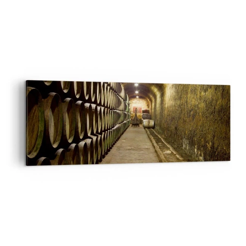 Cuadro sobre lienzo - Impresión de Imagen - Una bodega con barriles de vino de madera dispuestos en filas. - 140x50cm - El placer  - Decoración de pared moderna para salón y dormitorio ARTTOR