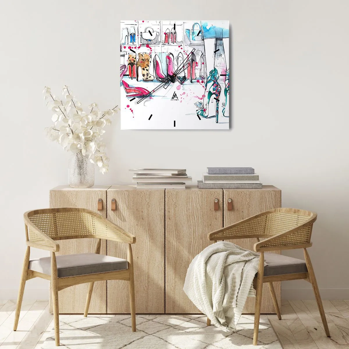 Reloj de pared - Reloj de vidrio - Gráficos artísticos con tacones altos y accesorios. - 30x30cm - Ábrete, sésamo - Decoración de pared moderna para salón y dormitorio ARTTOR