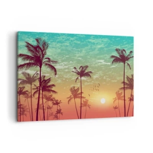 Cuadro sobre lienzo - Impresión de Imagen - Puesta de sol con palmeras contra un cielo colorido - 120x80cm - Ambientes tropicales - Decoración de pared moderna para salón y dormitorio ARTTOR