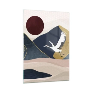 Cuadro sobre vidrio - Impresiones sobre Vidrio - Dos grullas volando sobre un paisaje ondulado con un sol rojo. - 50x70cm - Y el día ha vuelto a pasar volando - Decoración de pared moderna para salón y dormitorio ARTTOR