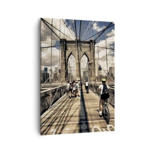 Cuadro sobre lienzo - Impresión de Imagen - Puente de Brooklyn con vista de peatones y ciclistas - 50x70cm - En el corazón de la ciudad - Decoración de pared moderna para salón y dormitorio ARTTOR