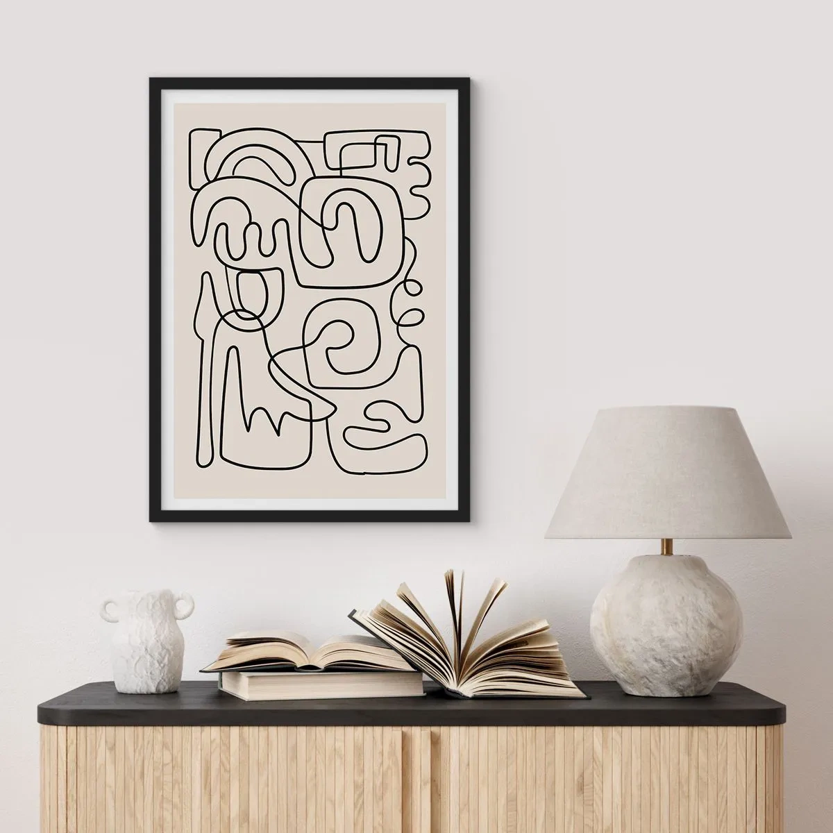 Póster en marco negro - Abstracción moderna en forma de línea negra sobre fondo beige. - 50x70cm - El camino correcto - Decoración de pared moderna para salón y dormitorio ARTTOR