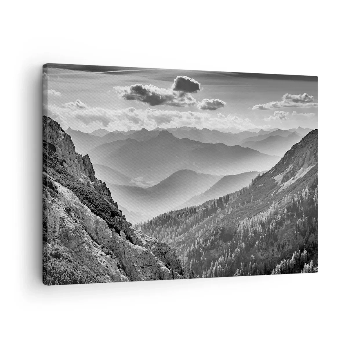 Cuadro sobre lienzo - Impresión de Imagen - Paisaje de montaña en blanco y negro con nubes sobre los picos. - 70x50cm - Hasta el horizonte - Decoración de pared moderna para salón y dormitorio ARTTOR