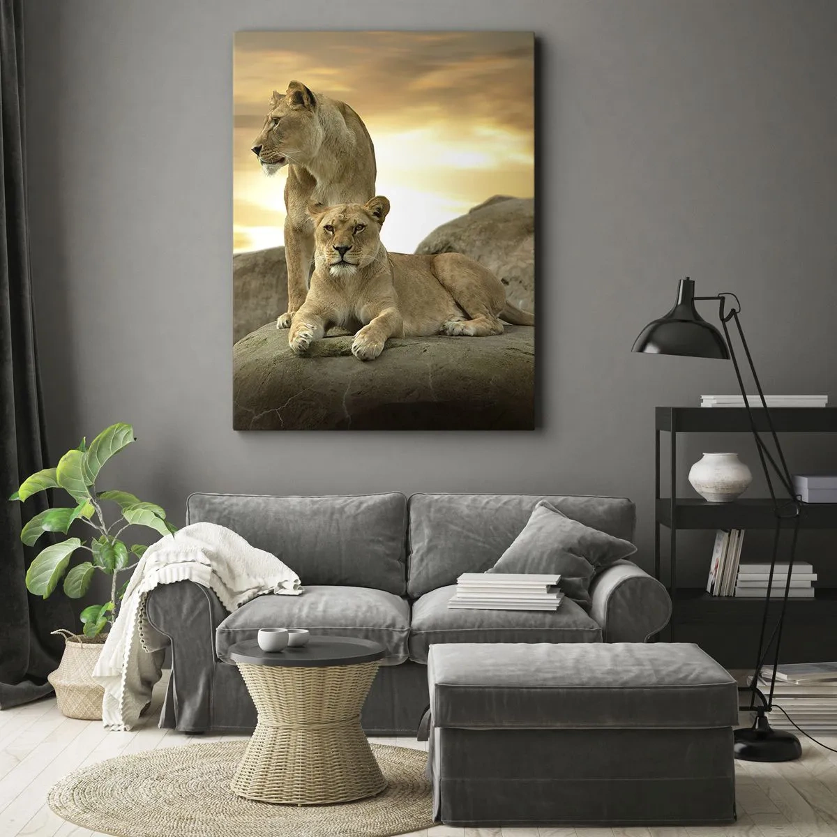 Cuadro sobre lienzo - Impresión de Imagen - Dos leonas descansando sobre una roca durante la puesta de sol - 50x70cm - Majestuosidad real - Decoración de pared moderna para salón y dormitorio ARTTOR
