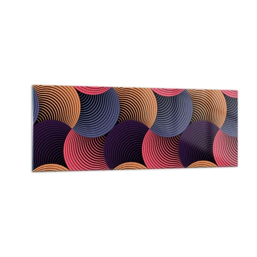 Cuadro sobre vidrio - Impresiones sobre Vidrio - Círculos geométricos en tonos rosa, morado y dorado. - 140x50cm - En un ritmo circular - Decoración de pared moderna para salón y dormitorio ARTTOR