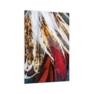 Cuadro sobre vidrio - Impresiones sobre Vidrio - Primer plano de plumas multicolores en colores vibrantes e intensos. - 70x100cm - Los misterios del vuelo - Decoración de pared moderna para salón y dormitorio ARTTOR