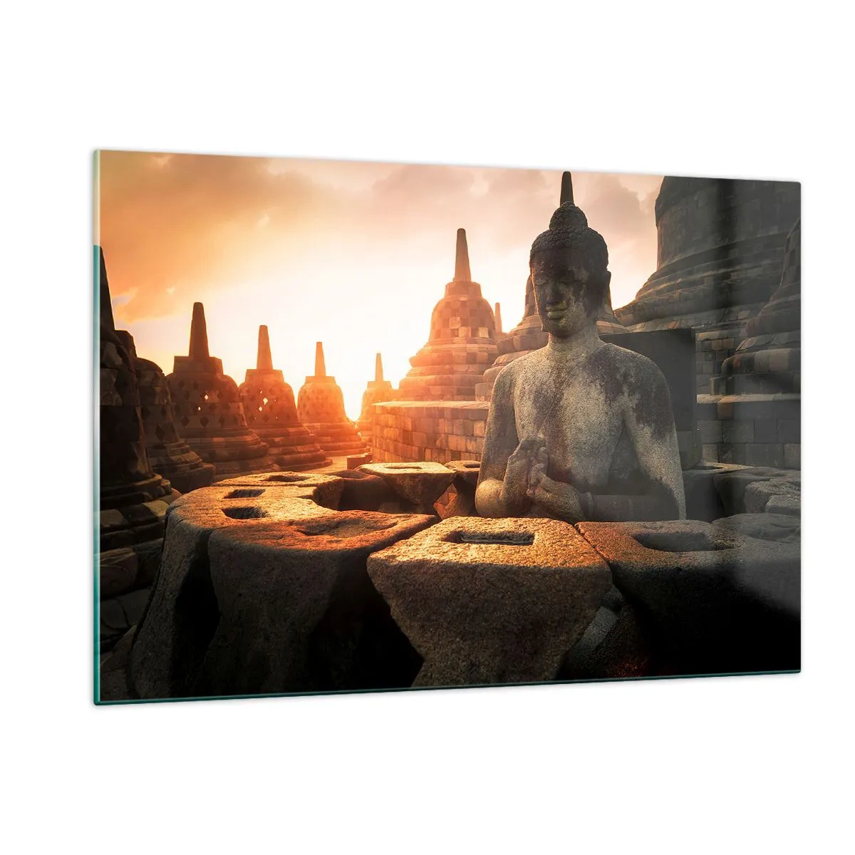 Cuadro sobre vidrio - Impresiones sobre Vidrio - Una estatua de Buda iluminada por el sol poniente en un antiguo complejo de templos. - 120x80cm - Tiempo de gran sabiduría - Decoración de pared moderna para salón y dormitorio ARTTOR