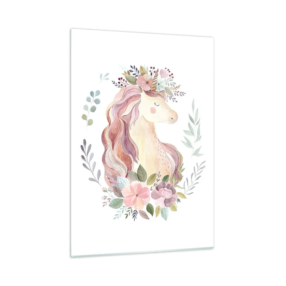 Cuadro sobre vidrio - Impresiones sobre Vidrio - Un unicornio de dibujos animados con una melena de flores pastel. - 50x70cm - Una invitación al mundo de los cuentos de hadas - Decoración de pared moderna para salón y dormitorio ARTTOR
