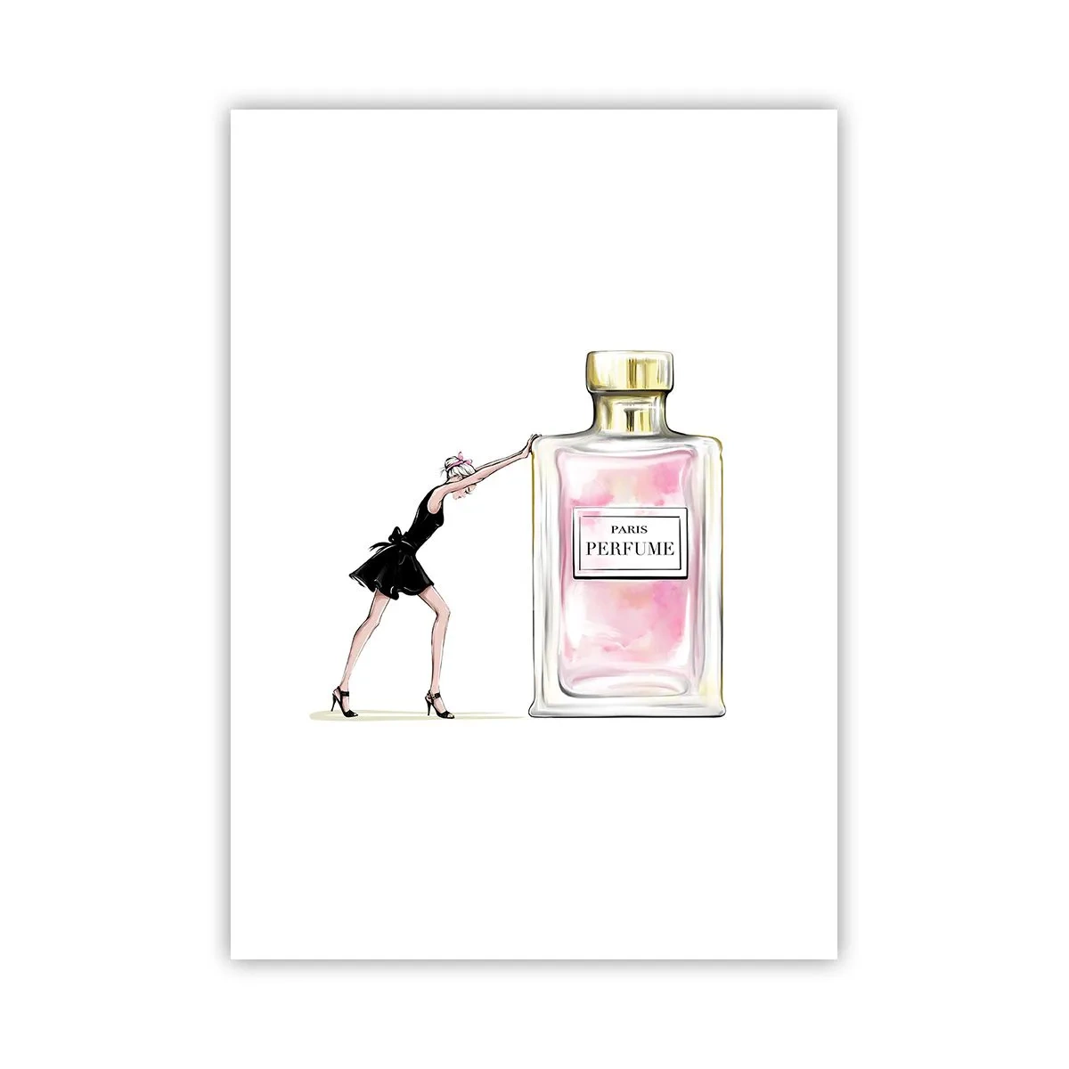Póster - Ilustración de un frasco de perfume con la silueta de una mujer con un vestido. - 50x70cm - La esencia de la feminidad - Decoración de pared moderna para salón y dormitorio ARTTOR