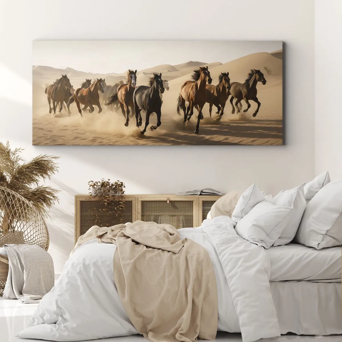 Cuadro sobre lienzo - Impresión de Imagen - Caballos al galope contra un fondo desértico - 120x50cm - Libre como el viento - Decoración de pared moderna para salón y dormitorio ARTTOR