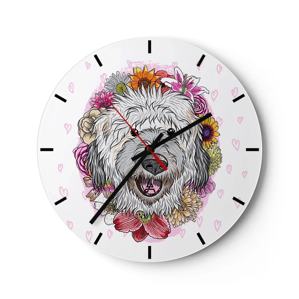 Reloj de pared - Reloj de vidrio - Ilustración de un perro rodeado de flores y corazones. - 30x30cm - Alegría de cachorro - Decoración de pared moderna para salón, cocina y dormitorio ARTTOR