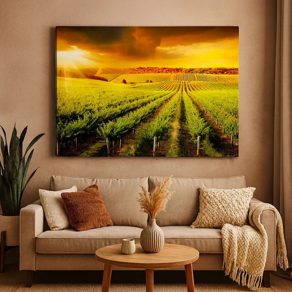 Cuadro sobre lienzo - Impresión de Imagen - Viñedos dorados iluminados por los rayos del sol. - 70x50cm - Bajo el sol de Australia - Decoración de pared moderna para salón y dormitorio ARTTOR