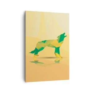 Cuadro sobre lienzo - Impresión de Imagen - Silueta geométrica de lobo en tonos verdes y amarillos. - 70x100cm - Lobo solitario - Decoración de pared moderna para salón y dormitorio ARTTOR