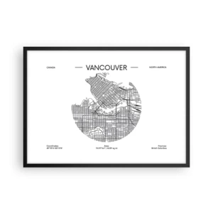 Póster en marco negro - Un mapa de Vancouver en un estilo minimalista en blanco y negro. - 70x50cm - Anatomía de Vancouver - Decoración de pared moderna para salón y dormitorio ARTTOR