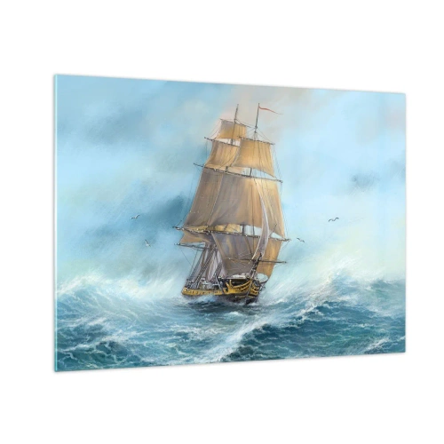 Cuadro sobre vidrio - Impresiones sobre Vidrio - Un velero en un mar tempestuoso en estilo pictórico. - 70x50cm - Surcando las olas - Decoración de pared moderna para salón y dormitorio ARTTOR