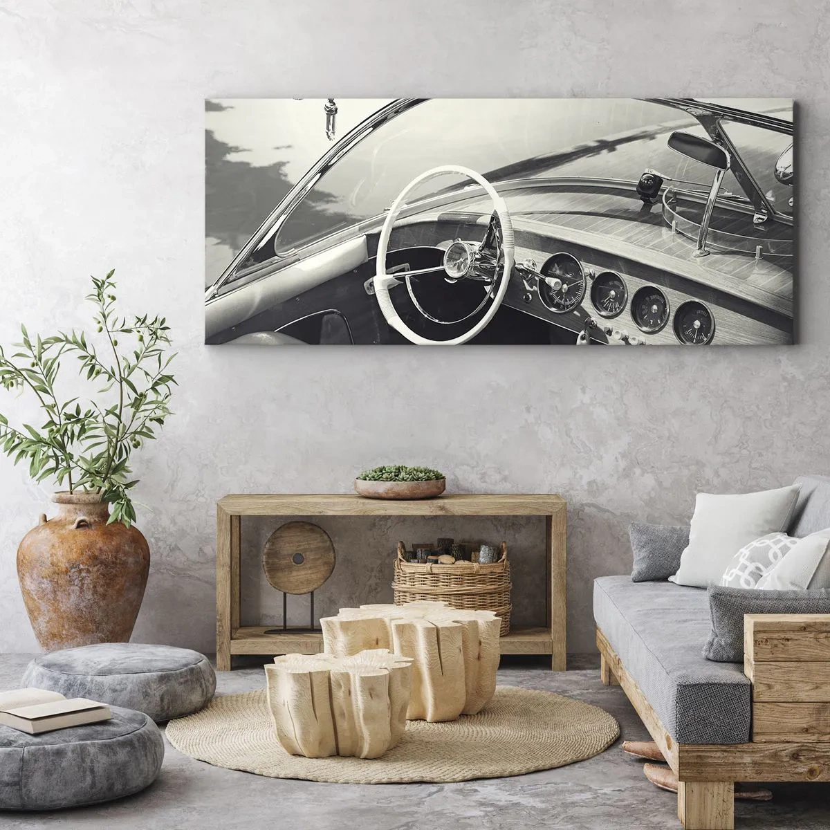 Cuadro sobre lienzo - Impresión de Imagen - Interior de coche clásico en estilo monocromático. - 160x50cm - Tiempo para los ricos - Decoración de pared moderna para salón y dormitorio ARTTOR