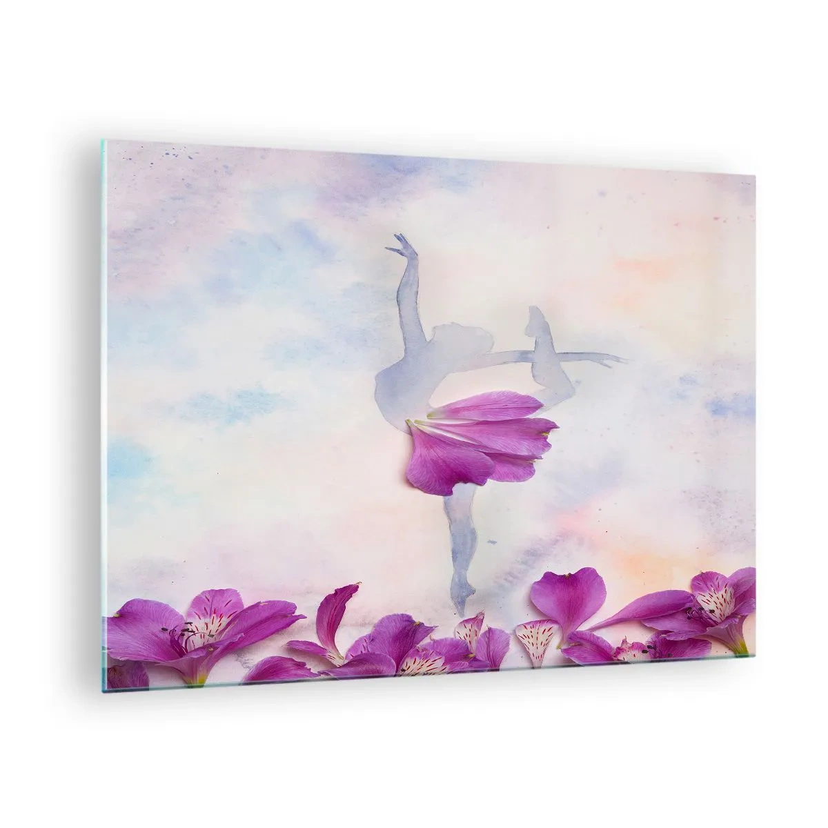 Cuadro sobre vidrio - Impresiones sobre Vidrio - Silueta de una bailarina con una flor en una composición artística. - 70x50cm - Suave como una flor - Decoración de pared moderna para salón y dormitorio ARTTOR
