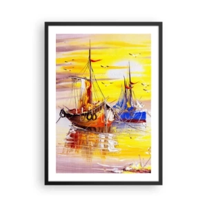 Póster en marco negro - Veleros coloridos al atardecer - 50x70cm - Un merecido descanso en el puerto - Decoración de pared moderna para salón y dormitorio ARTTOR