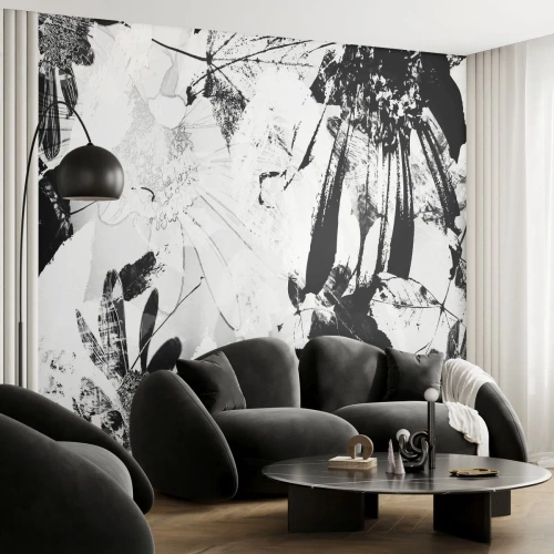 Fotomural Premium Sand - Flores abstractas en blanco y negro - 100x70cm - Otoño en negativo - Decoración de pared moderna para salón y dormitorio ARTTOR