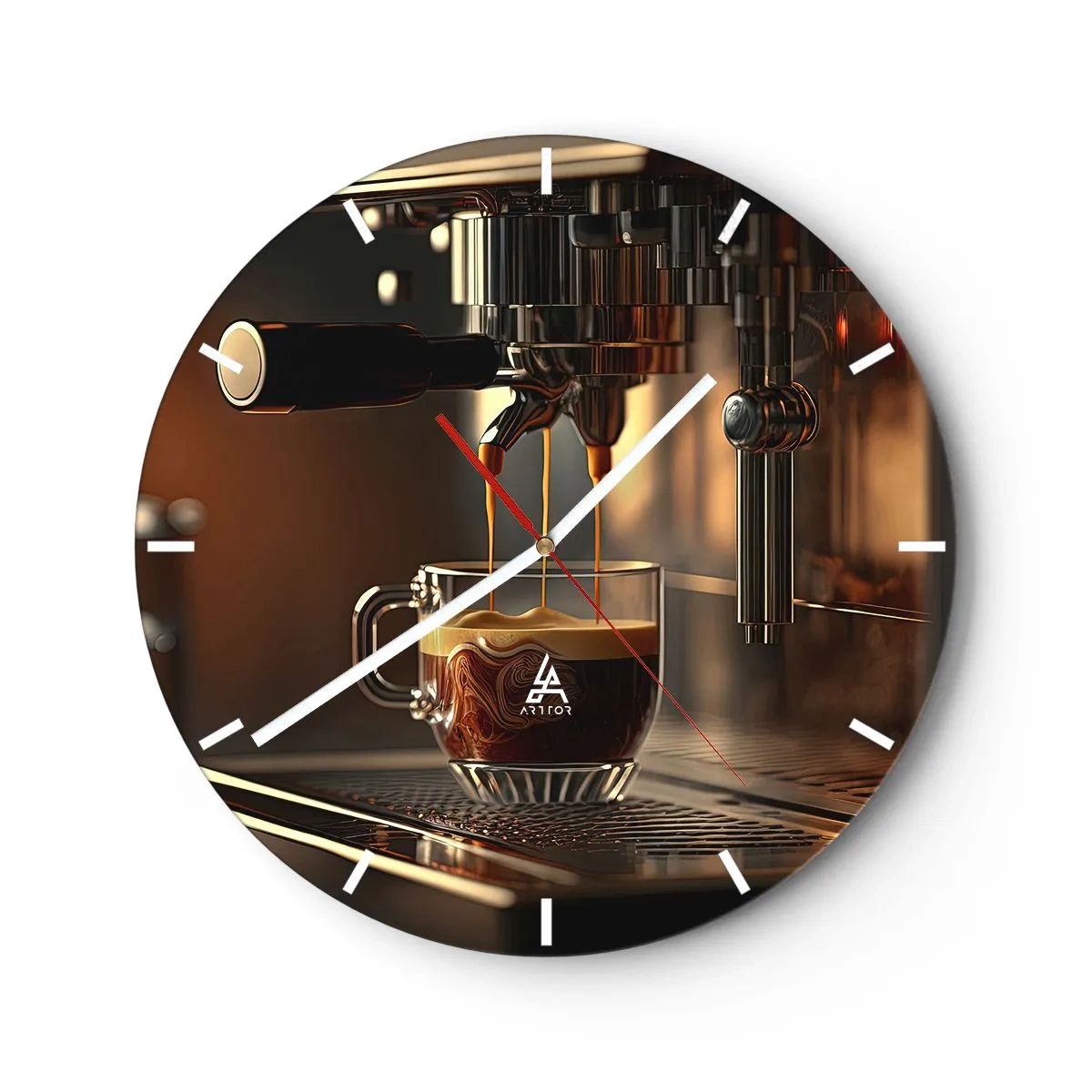 Reloj de pared - Reloj de vidrio - Una máquina de café que vierte café expreso en un vaso. - 30x30cm - Un brebaje sensual - Decoración de pared moderna para salón, cocina y dormitorio ARTTOR