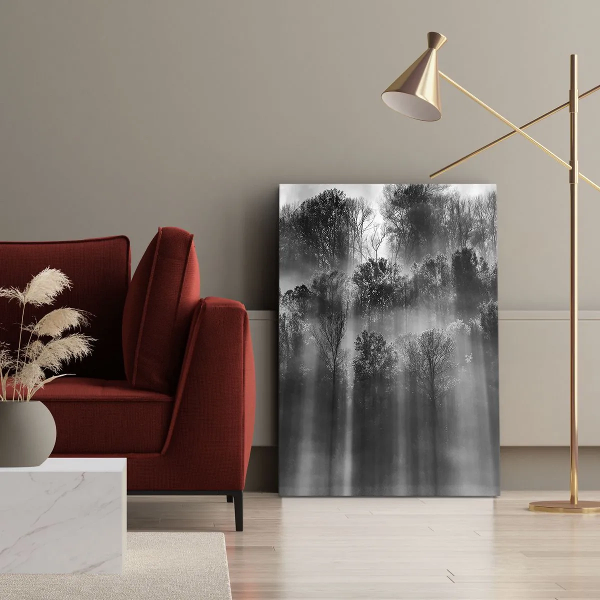 Cuadro sobre lienzo - Impresión de Imagen - Bosque blanco y negro a la luz de la mañana. - 50x70cm - En los flujos de luz - Decoración de pared moderna para salón y dormitorio ARTTOR
