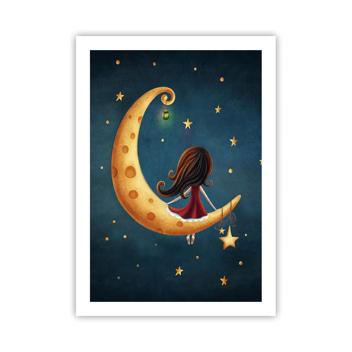 Póster - Una niña en la luna rodeada de estrellas y una linterna. - 50x70cm - Érase una vez... - Decoración de pared moderna para salón y dormitorio ARTTOR